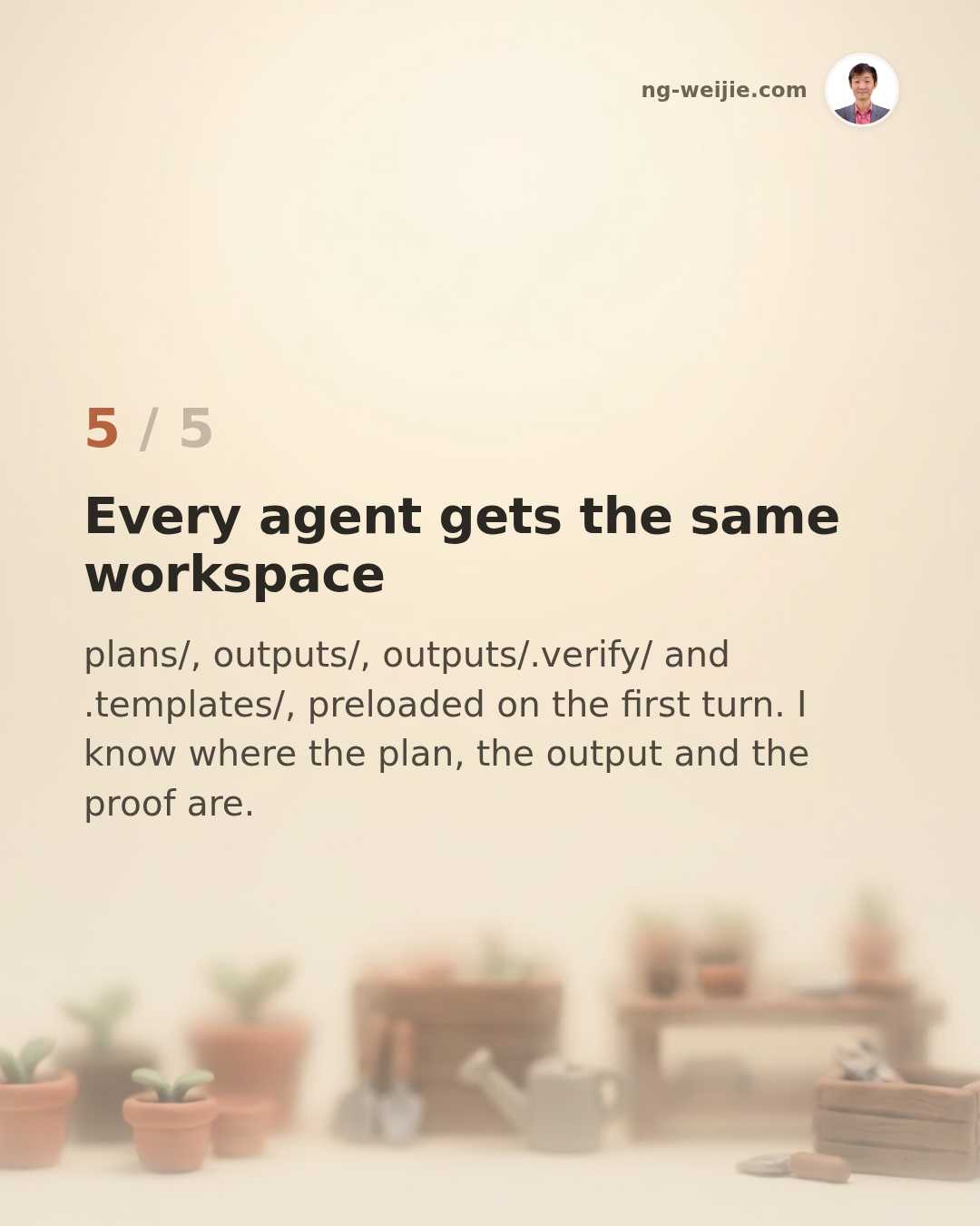 Card 5 of 5: every agent gets the same workspace.