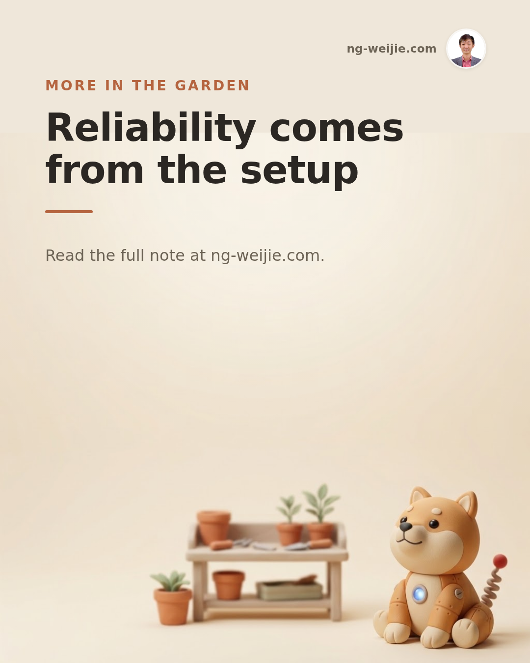 Closing card: reliability comes from the setup.
